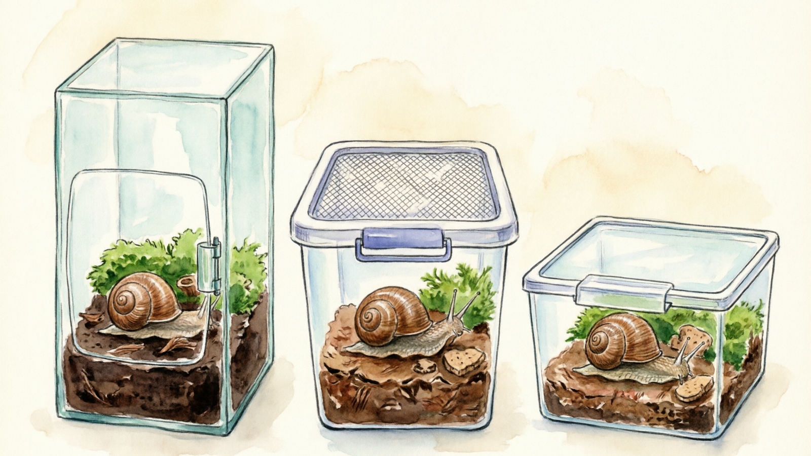 Hand-drawn watercolor illustration comparing three terrarium types — glass with front door, plastic bin with vented lid, and acrylic enclosure — each housing a garden snail on coconut coir substrate