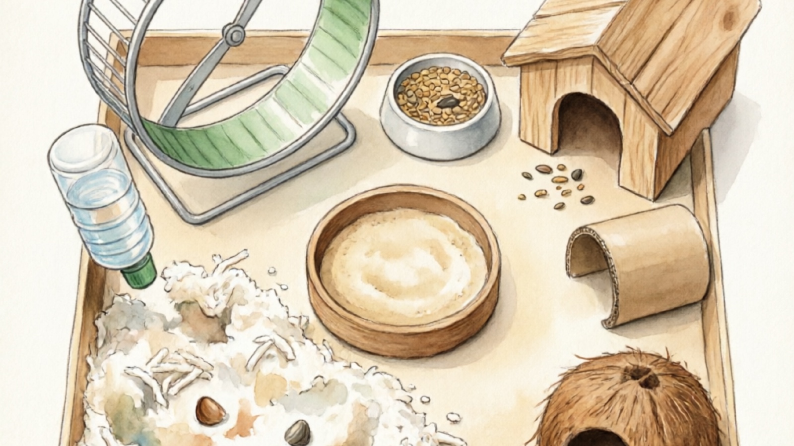 Roborovski hamster ideal cage setup showing wheel, bedding area, sand bath, food bowl, water bottle, and hiding spots