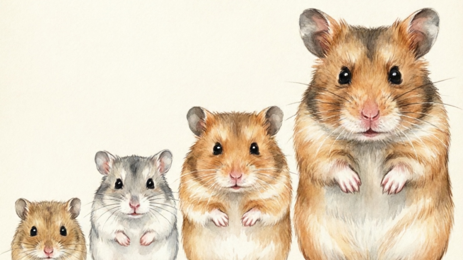 Roborovski hamster size comparison with other 4 hamster species, from smallest to largest, with AA battery for scale