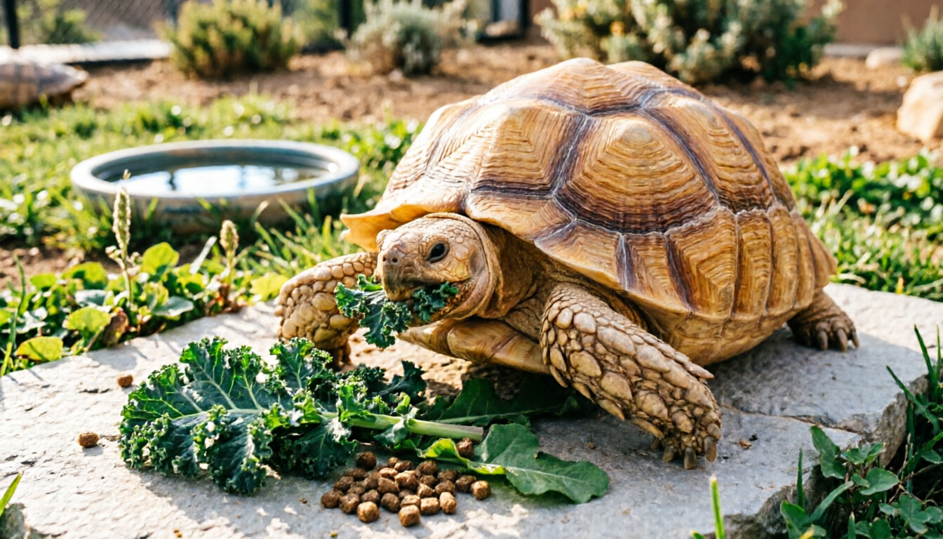 Healthy Sulcata tortoise eating fresh greens with tortoise food pellets