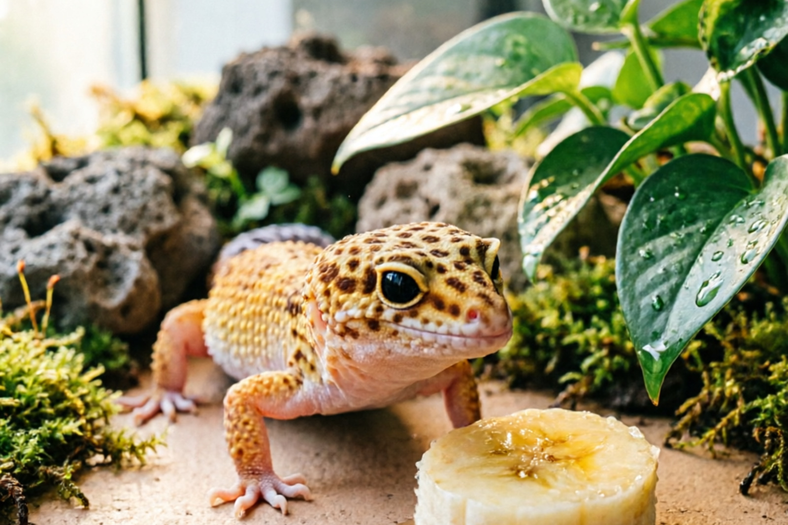 Leopard gecko examining banana