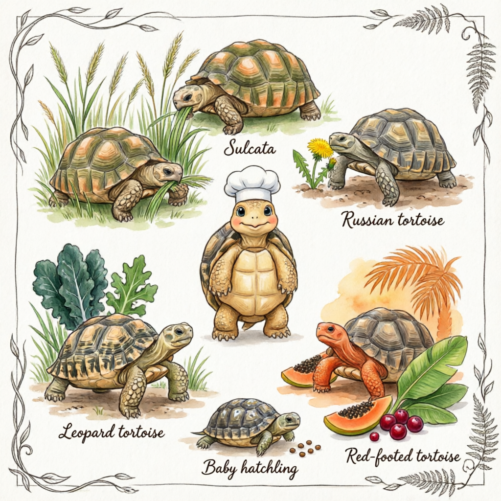 Tortoise species food guide — each species with preferred food types