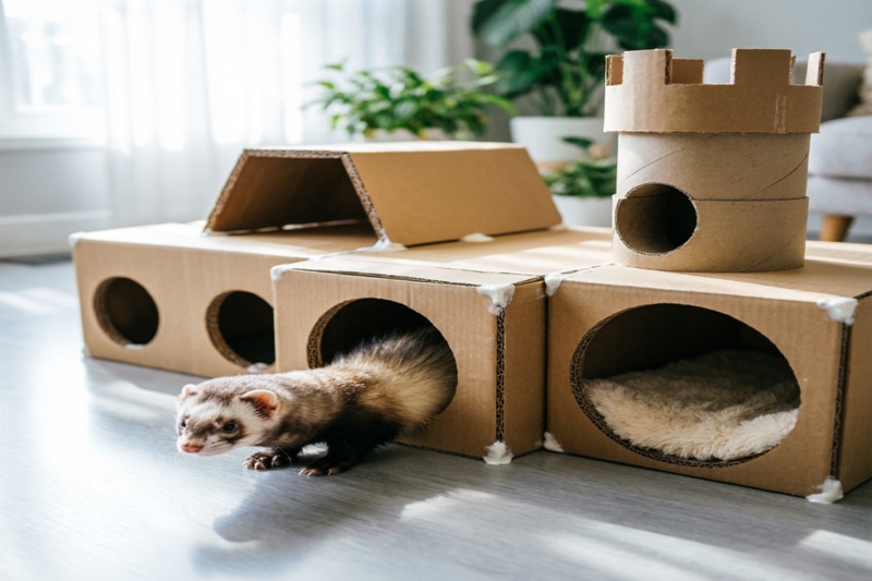 DIY cardboard tunnel castle made from connected boxes with multiple entry holes for ferret exploration