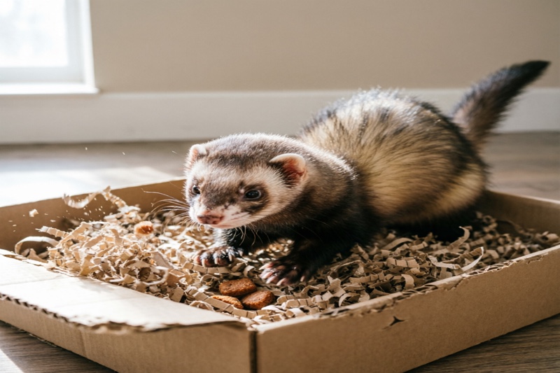 DIY treat foraging box filled with shredded paper and hidden treats for ferret enrichment