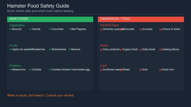 Hamster food safety guide showing safe foods vs dangerous/toxic foods with categories