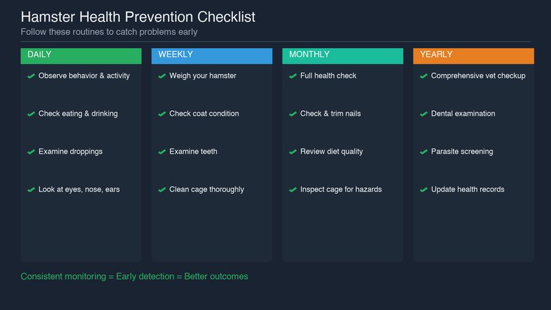 Hamster health prevention checklist showing daily, weekly, monthly, and yearly health monitoring tasks