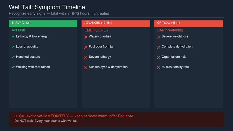 Wet tail symptom timeline showing early, advanced, and critical stages with emergency actions