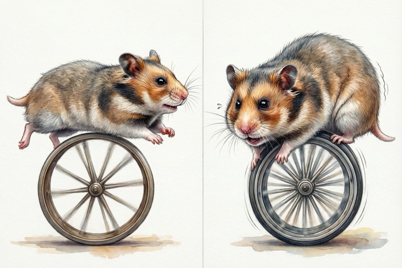 Side-by-side comparison of hamster running posture on correctly sized versus undersized wheel