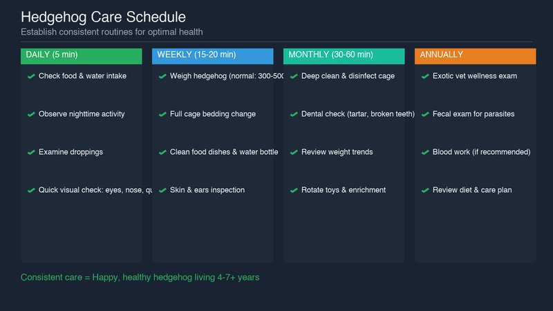 Hedgehog care schedule showing daily, weekly, monthly, and annual health monitoring routines