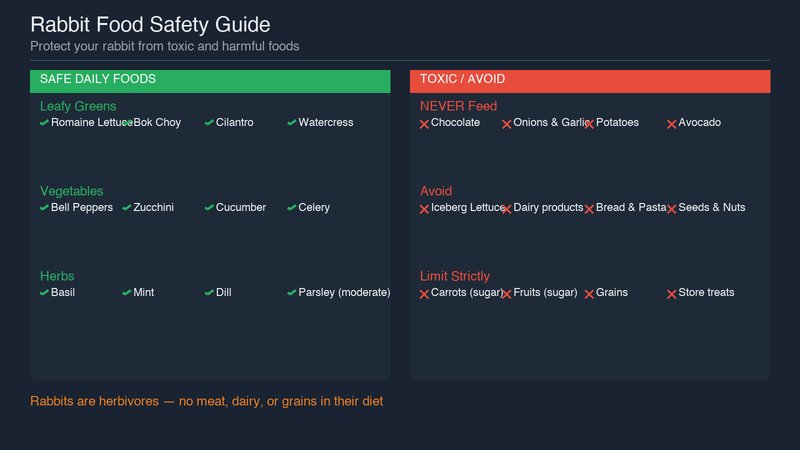 Rabbit food safety guide showing safe daily foods vs toxic and harmful foods